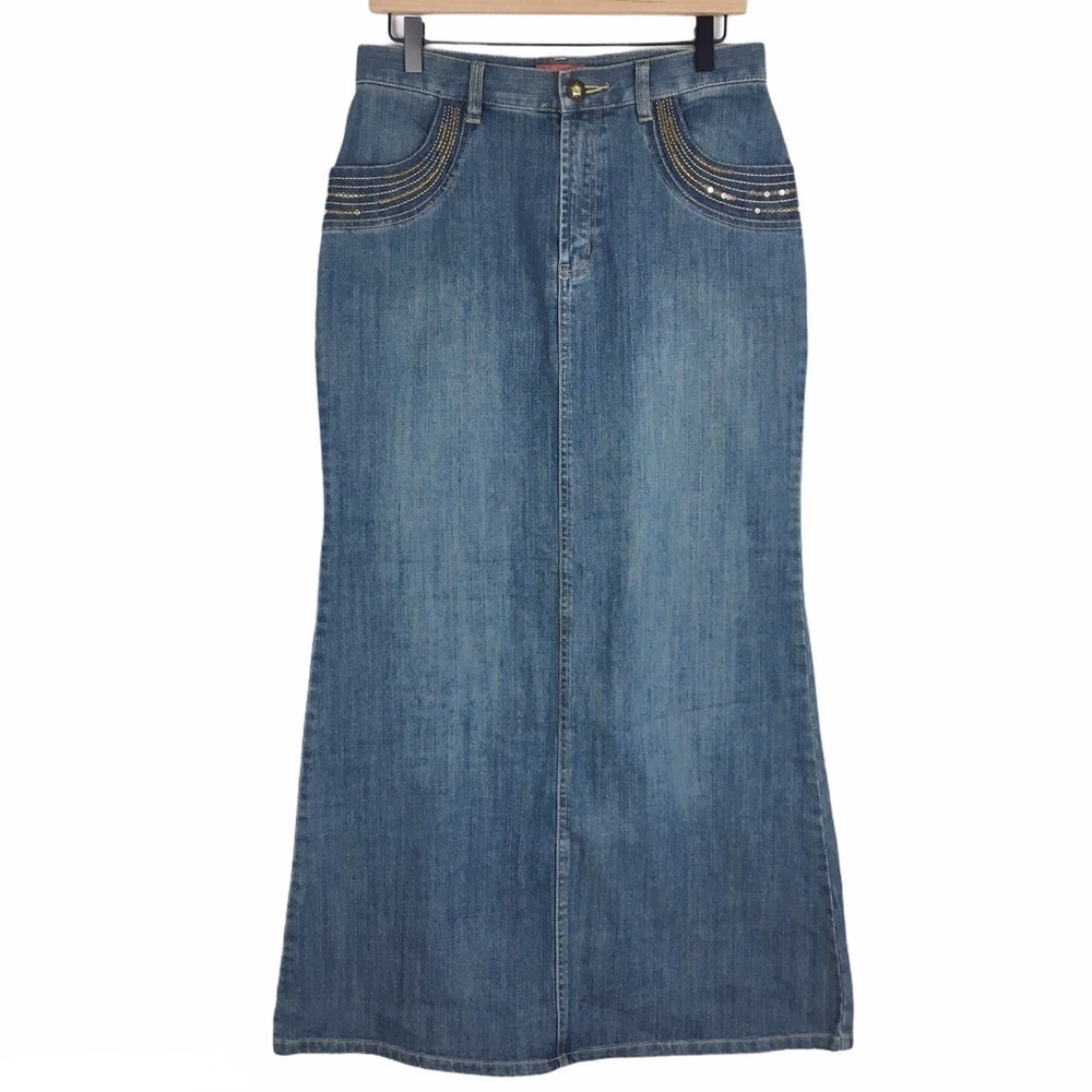 STYLE J Denim Jean Maxi Skirt Long Sequin Y2K Boho Fairy Core Embroidered Size 8